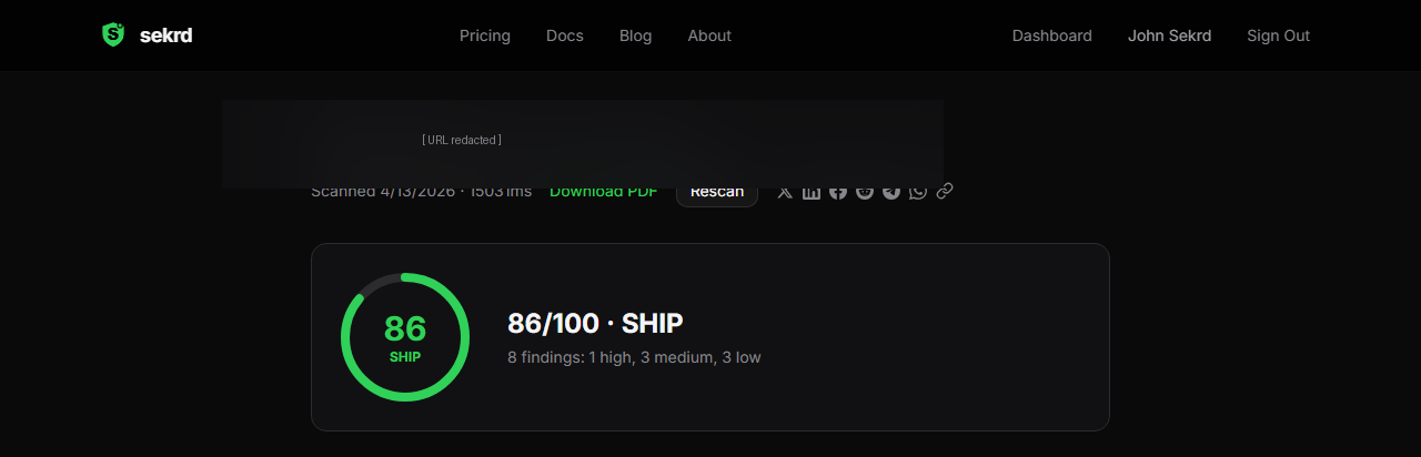 Sekrd scan report for a Bolt.new app: 84/100 SHIP verdict