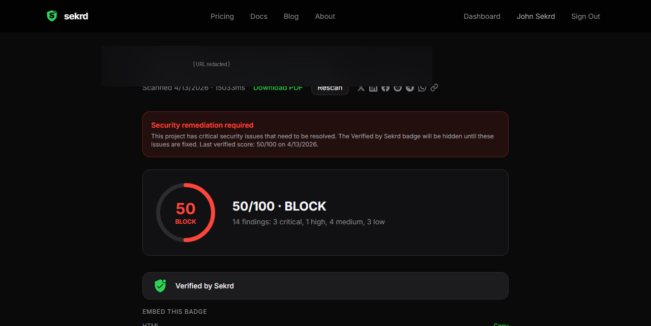 Sekrd BLOCK verdict: 50/100, 3 critical findings including leaked API keys