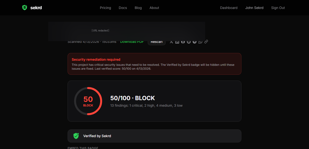 Sekrd BLOCK verdict: 50/100, Discord bot token in client code