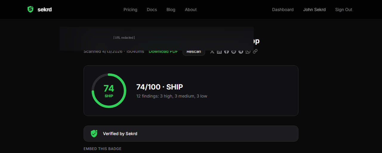 Sekrd scan report for a v0 app: 74/100 SHIP verdict